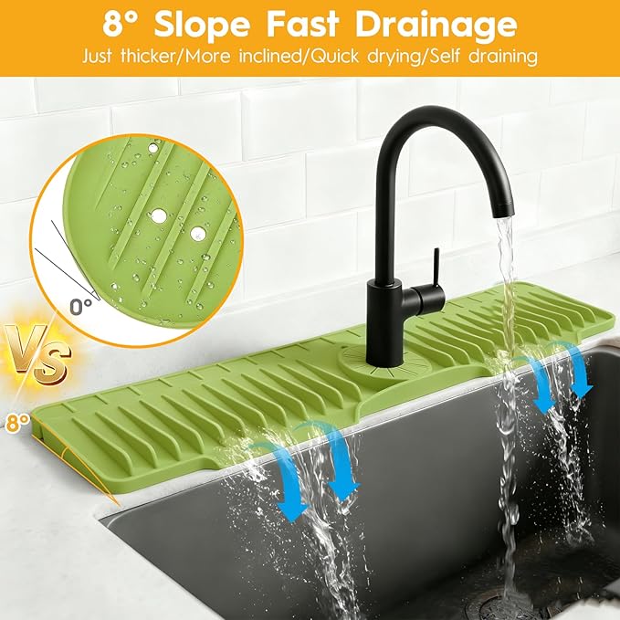 24" Silicone Faucet Mat for Kitchen Sink Released in 2026,8° Slope Fast Self-draining-Kitchen Sink Splash Guard,Bathroom Kitchen Sink Area Water Splash Guard Behind Faucet Draining Mat(Green)
