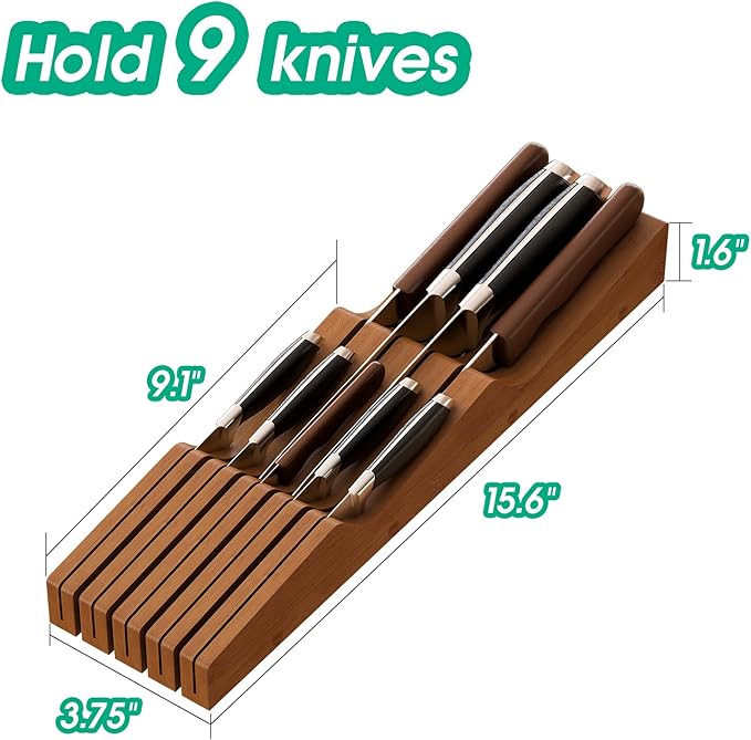Knife Drawer Organizer, Bamboo Wood Knife Organizer Drawer Insert, Brown Knife Block Fit for 9 Knives