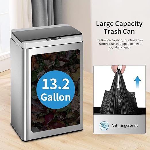 PayLessHere Stainless Steel Trash Can 13 Gallon 50 Liter Kitchen Bathroom Bedroom Home Office Automatic Touch Free High-Capacity with Lid Brushed Waste Bin