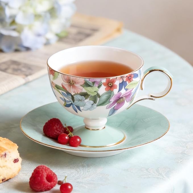 KAMMAK Ceramic Coffee Cups Saucers Set of 2, Porcelain Espresso Cups with Saucers, 6.52 oz Handmade Elegant Bone China Tea Cup, Ceramic Floral Pattern Demitasse for Latte, Americano, Cappuccino