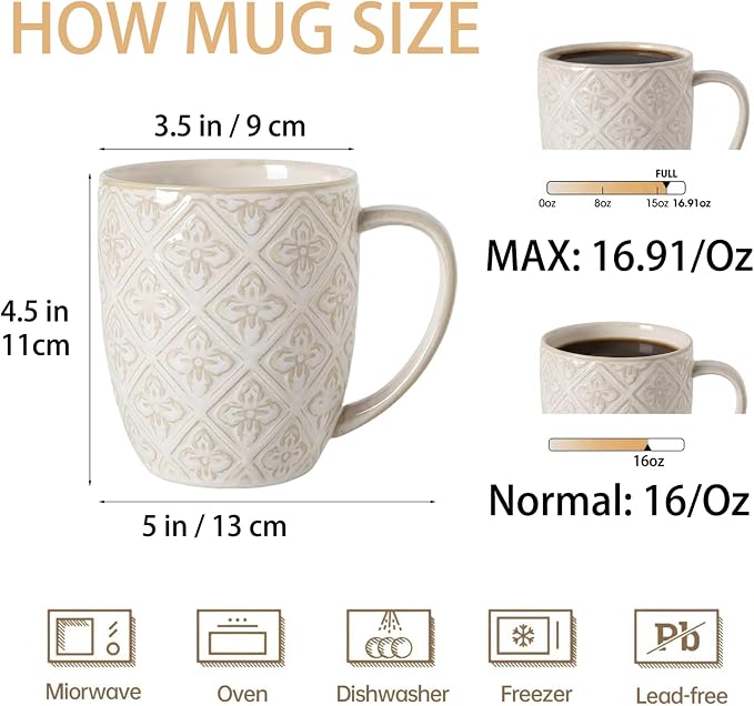 Coffee Mugs 16 Oz, Ceramic Coffee Mugs Set of 4, Large Embossment Cups for Latte, Cocoa, Tea, Mocha, Cappuccino, Dishwasher Safe, Housewarming Wedding Gifts, 3.5 x 4.5 inch, Vintage White