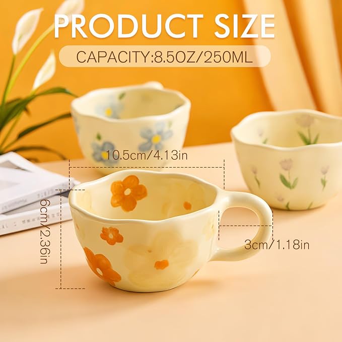 Kawlity 4 Styles Vintage Flower Mugs, 8oz Ceramic Coffee Mug Set with Spoon, Aesthetic Floral Cute Tea Cups with Handles, Porcelain Floral Mugs for Coffee Milk Juice Slushies Oats