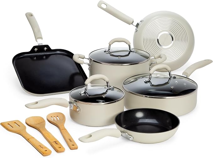 Goodful Ceramic Nonstick Pots and Pans Set, Premium Ceramic Coating Made without PFOA, PTFE or PFAS, Dishwasher Safe, 12-Piece, Cream