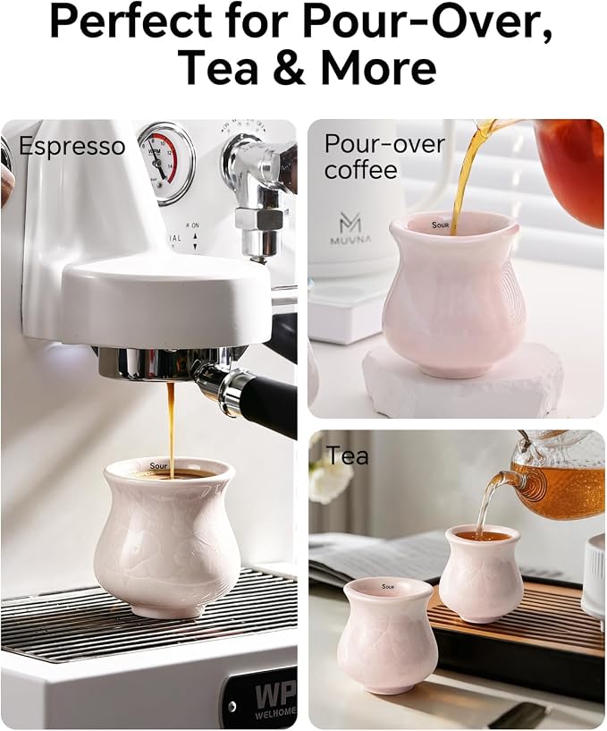 Ceramic Espresso Tasting Cup 4oz Handcrafted Ice Crackle Porcelain Cortado & Macchiato Cup, Asymmetrical Sensory Thick Wall Coffee Mug with Anti-Slip Base, Demitasse Barista Gift, Pink