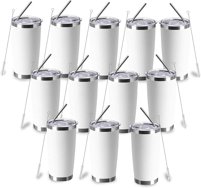20oz insulted tumblers stainless steel cup Tumbler Bulk with push Lid, and metal straw powder coated coffee cup for cold and hot drinking (12, white)