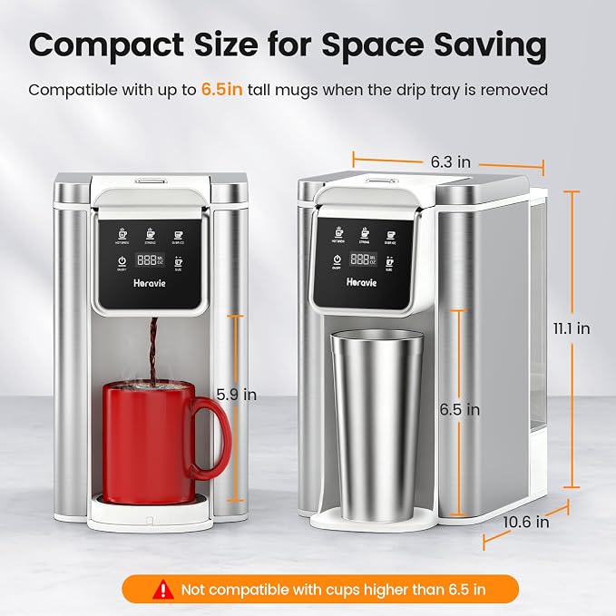 Horavie Single Serve Coffee Maker for K-Cup Pod & Ground, Hot & Iced Coffee Maker, Strong Button Feature, 6 to 14oz Brew Sizes, 50oz Removable Reservoir, Fit 6.5" Mugs, Stainless Steel, White