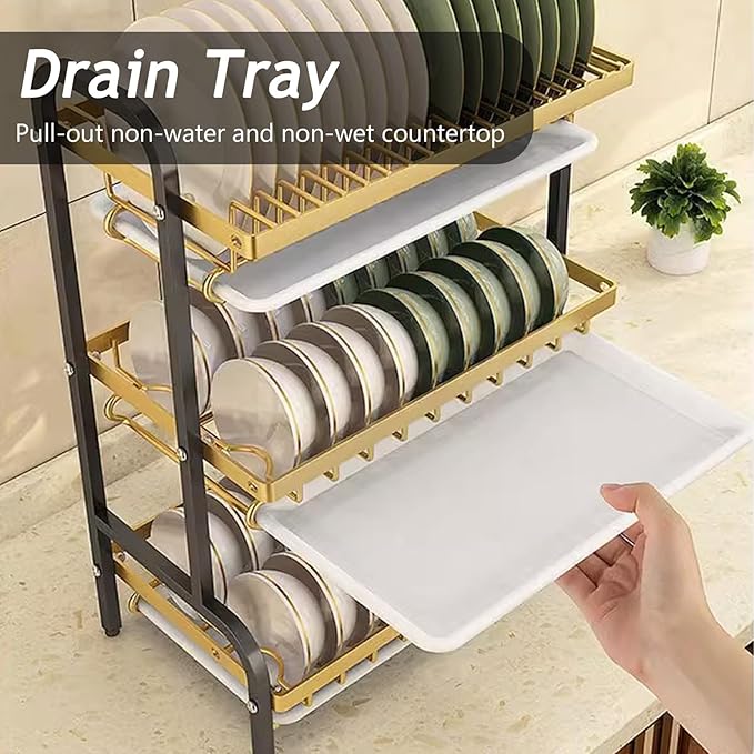 Dish Drying Rack, Carbon Steel 2/3 Tier Over-The-Sink Storage with Drain Tray, Chopsticks Rack and Knife Holder