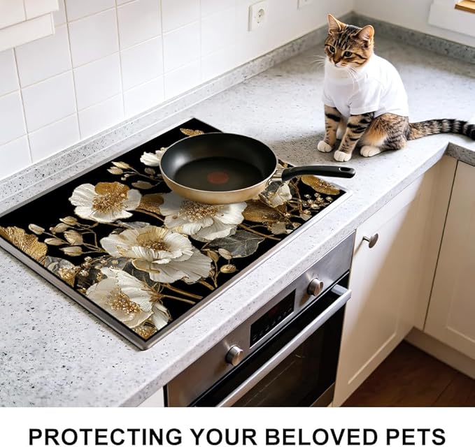 Stove Top Cover for Electric Stove 28.4 x 20.5 Inch Non Slip Stove Mat Oil Proof White Gold Floral Glass Cooktop Protector Kitchen Counter Mat