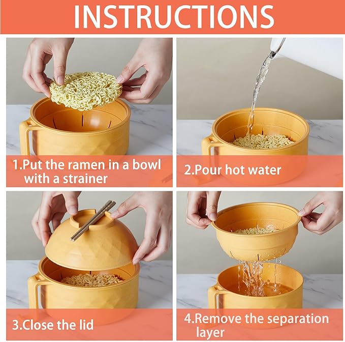 2 Sets Microwave Ramen Bowl 40 oz Wheat Fiber Portable Instant Noodle Cooker Bowl with Handles Strainer Spoon Chopstick Fork College Dorm Room Apartment Essentials(Yellow,Orange)
