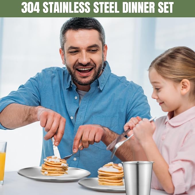 Jinei 24 Pcs 304 Stainless Steel Dinner Set Include 12 Pcs 7 Inch 10 Inch Stainless Steel Plates, 6 Pieces Bowls and 6 Pieces Cups, Reusable Metal Utensils Dinnerware for Home Outdoor Picnic Kitchen