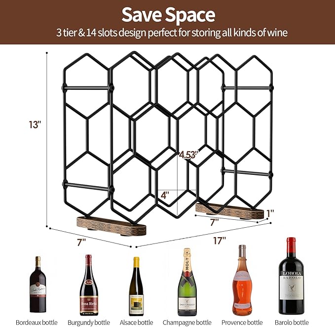 Nuovoware Countertop Wine Rack, 14-Bottle Freestanding Modern Carbon Steel Holder Hexagonal Structure, 3 Tier Tabletop Wine Bottle Organizer Storage for Cabinet, Pantry, Black+Retro Brown