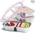 3 Pack Stainless Steel Snack Containers, 2 Compartment Reusable Metal Snack Boxes Containers with Leak-Proof Lids, Compact Lunch Box Food Storage Container