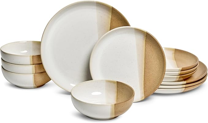 Sango 12 Pieces Stoneware Dinnerware Set, Glossy Caramel & Cream Dishes for 4, Premium Plates and Bowls Sets, Chip & Scratch Resistant, Ceramic Kitchen Dish Set, Microwave & Dishwasher Safe, Phoebe