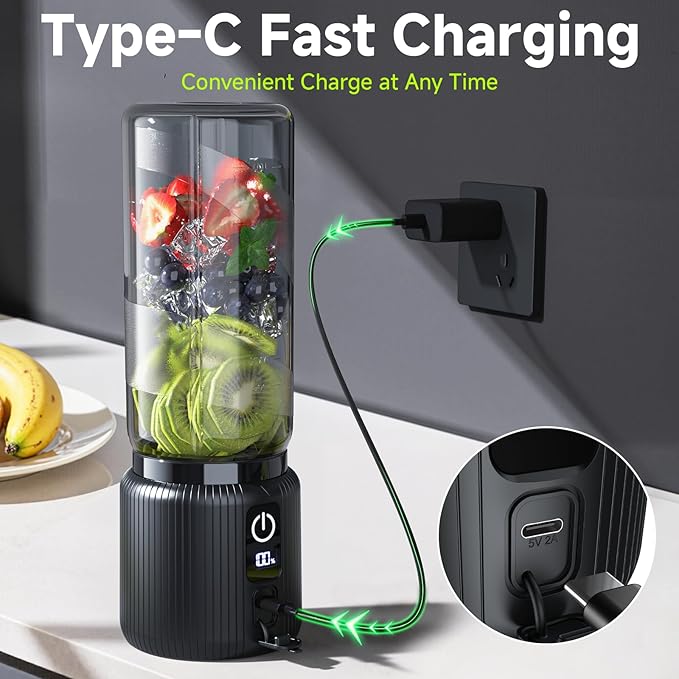 COKUNST Portable Blender, Small Smoothie & Shake Maker with 8 Blades, USB C Rechargeable Personal Blender with LED Display, Compact Juice Mixer with Lid for Travel, Office, Gym, Home, 17oz, Black