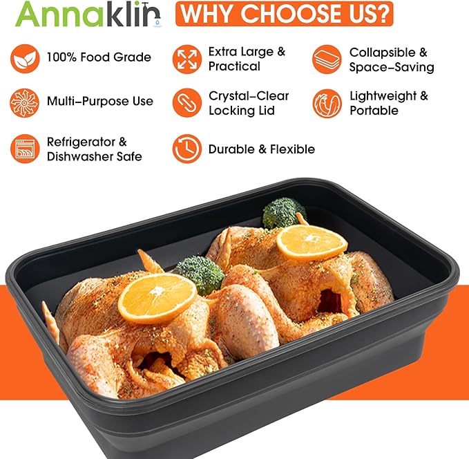 Silicone Collapsible Marinating Container with Lid for Meat, 2.64Gal/10L, 2 Pack Extra Large Collapsible BBQ Prep Tub, Transparent Locking Lid, XL Grill Prep Trays & Carry System, BBQ Must-Have, Black