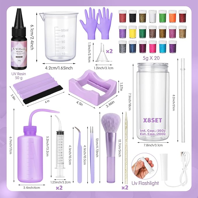 Meanplan 8 Pack DIY Plastic Snow Globe Tumbler Supply Kit 16oz Pre Drilled Double Wall Cup 20 Colors Glitter Squeeze Bottle Funnel Tweezer Syringe Cradle Measuring Cup Flashlight Buffer Glove(Purple)