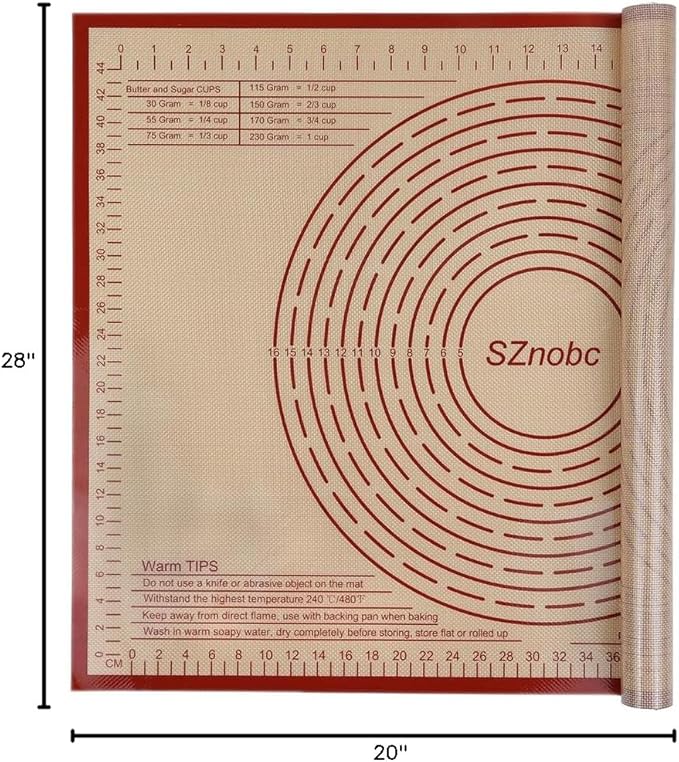 Silicone Pastry Mat 28''By 20'' Nonstick Baking Mats Non-slip Counter Mat for Dough Rolling, Pastry, Pie Crust, Fondant, Cookies, Bread, Pasta, Pizza Mat