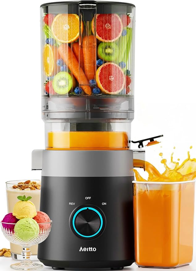 Aeitto 3-in-1 Cold Press Juicer for Juice, Nut Milk & Sorbet – Filter-Free Design for Effortless Cleaning, 6.0" Extra Large Chute Fits Whole Fruits & Vegetables, Juicer Machines High Yield, With Brush