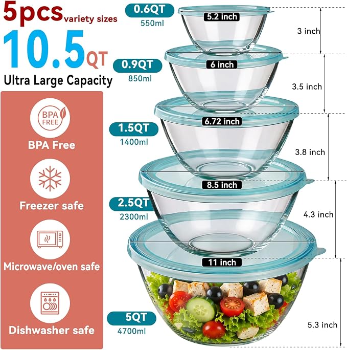 YUANYE 5 Pack Glass Mixing Bowls with Lids Set (5QT/2.5/1.5/0.9/0.6QT), Thick Glass Large Salad Bowl Set, Nesting Kitchen Bowls for Serving,Prepping,Cooking and Baking,Dishwasher,Oven,Microwave Safe