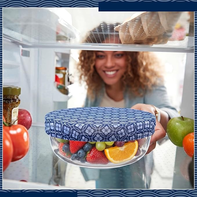 Patelai 10 Pcs Bowl Covers Reusable in 5 Size Stretch Cloth Fabric Elastic Food Storage Bowl Covers Bread Sourdough Lids for Proofing Food Fruits Leftover(Blue White,Geometric Style)
