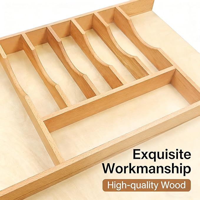 Silverware Drawer Organizer - Trim-to-Fit with Adjustable Dividers for Kitchen Utensil Storage, Beech Wood Frame with 11 Sizes (10.24" W x 22" D)