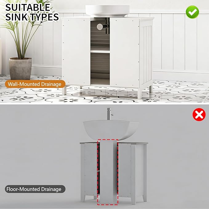 U-Shaped Pedestal Sink Storage Cabinet with 2 Doors & Shelf, Freestanding Bathroom Vanity Organizer Under Sink, 60cm Wide MDF Cupboard for Toiletries & Cleaning Supplies, White