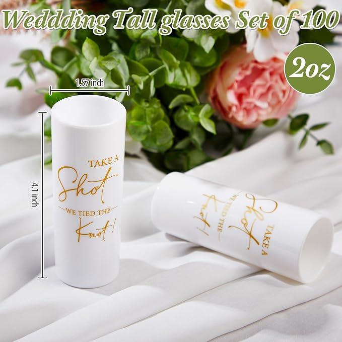 Sliner 100 Set Wedding Favors for Guests Bulk 2oz Acrylic Take a Shot We Tied the Knot Shot Glasses with Thank You Cards Organza Bags for Guest Souvenir Wedding Bridal Shower Gifts (White,Gold)