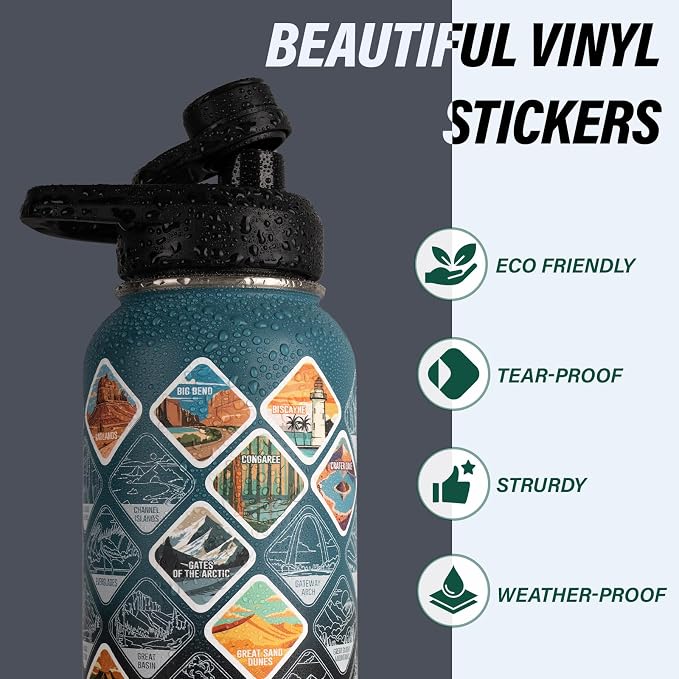 DYSANKY National Parks Water Bottle – 40 oz Insulated Stainless Steel Bottle with 63 Hand-Drawn Park Stickers, Carrier Bag, Strap & Gift Box – BPA-Free – Ideal for Hiking, Camping & Travel