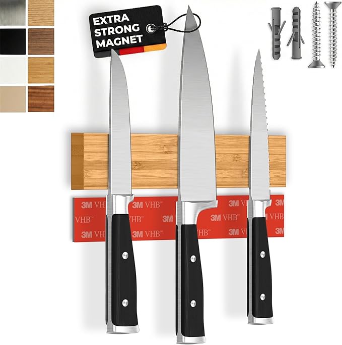 CUCINO Magnetic Knife Holder for Wall 10" No Drilling incl. Self Adhesive Tape - Extra strong Knife Holder - Awarded Knife Magnetic Strip - Made of Bamboo