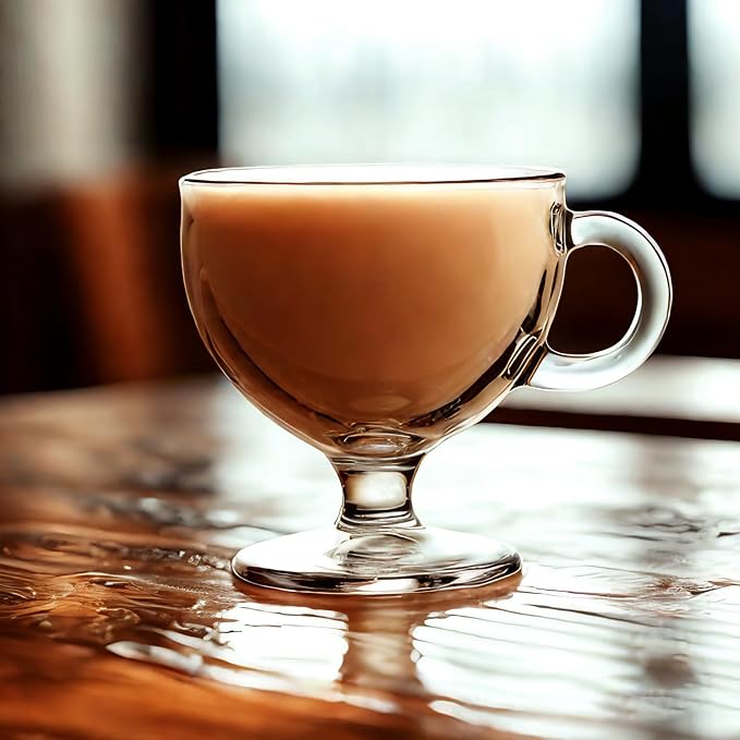 Glass Coffee Mugs with Handle - 8 OZ Footed Glass Coffee Cups - Footed Transparent Tea Cup for Latte, Cappuccino, Dessert, Beverages