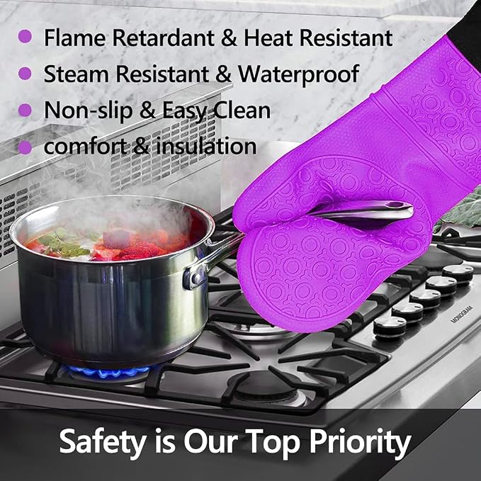 Extra Long Silicone Oven Mitts and Pot Holders Sets, Purple and Blue