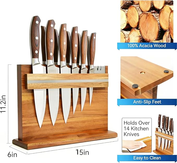 Large Magnetic Knife Holder - 14.5 x 11" Double-Sided Acacia Wood Block with Built-in Sharpener, Holds 14+ Knives, Premium Kitchen Counter Organizer for Professional Chefs