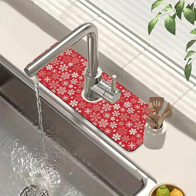 Christmas Merry Xmas Sink Splash Guard Santa Claus Faucet Absorbing Mat Fast Drying Mat Sink Gadgets Splash Guard Behind Faucet Drip Catcher for Kitchen Bathroom, 15.5"x5.5"