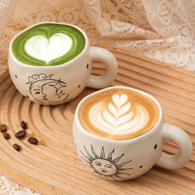 4pcs Boho Style Ceramic Moon and Sun Mugs, 9.4OZ Cute Coffee Cup Set, Matte Cream Color, Dishwasher Safe, Gift for Women/Couples