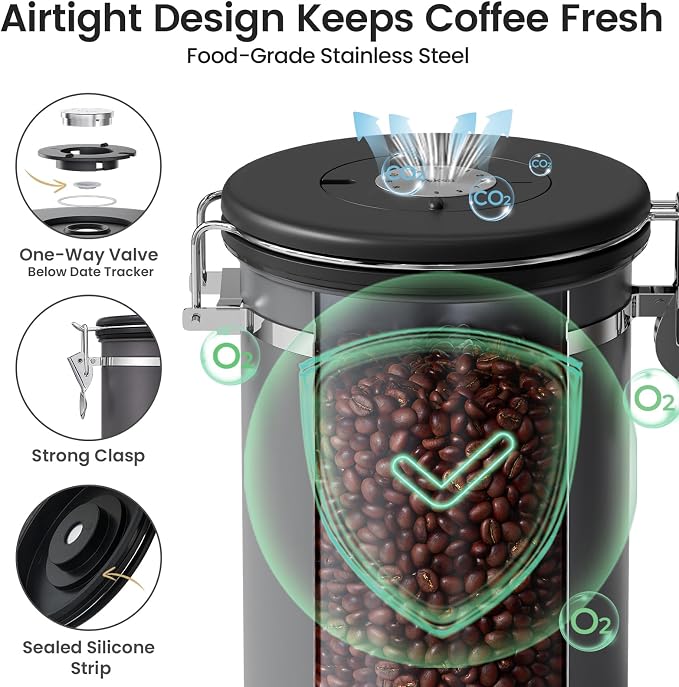 Veken Coffee Canister with Window,Airtight Stainless Steel Kitchen Food Storage Container, Date Tracker & Scoop for Grounds Coffee, Beans, Tea, Flour, Cereal,Sugar,22OZ,Grey