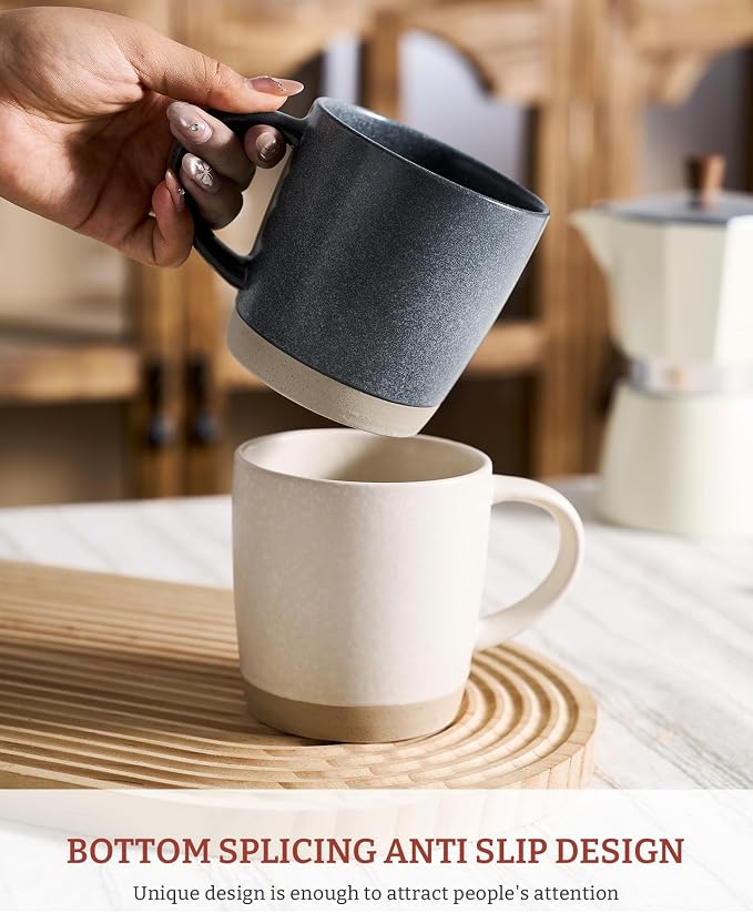 famiware Coffee Mugs Set of 4, Milkyway 13 oz Mug Set, Ceramic Cup Set with Handle for Coffee, Tea, Cocoa, Milk, Matte White + Matte Dark Charcoal (Pack of 2)