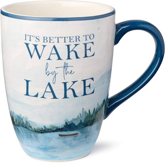 Wake at the Lake 14-Ounce JUMBO Mugs, Set of 4, Lakeside-Inspired Designs with Oars & Water Scenes, Durable Ceramic, Dishwasher & Microwave Safe, Cozy Coffee & Tea Cups for Everyday Use