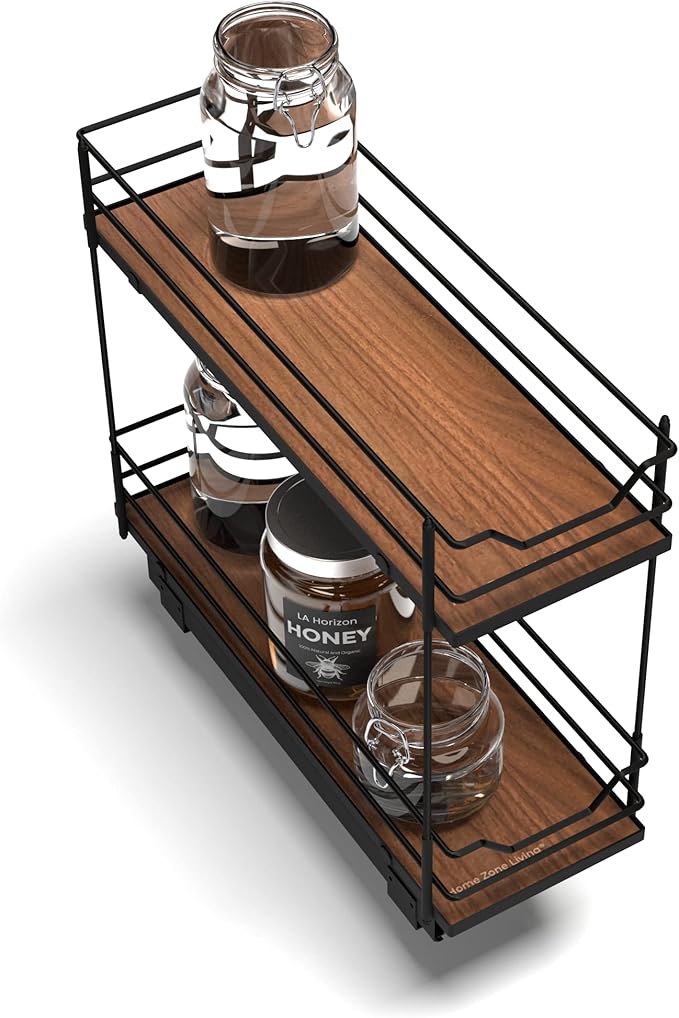 Home Zone Living Pull Out Kitchen Cabinet Organizer with 2 Tiers of Storage for Easy Access, 7.5”W x 20”D, Matte Black with Dark Brown, Virtuoso Collection