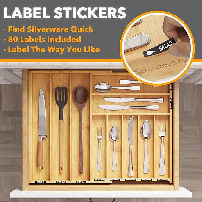 SpaceAid Bamboo Spice Drawer Organizer and Bamboo Silverware Drawer with Labels Kitchen Utensil Expandable Tray Holder Organizer for Flatware