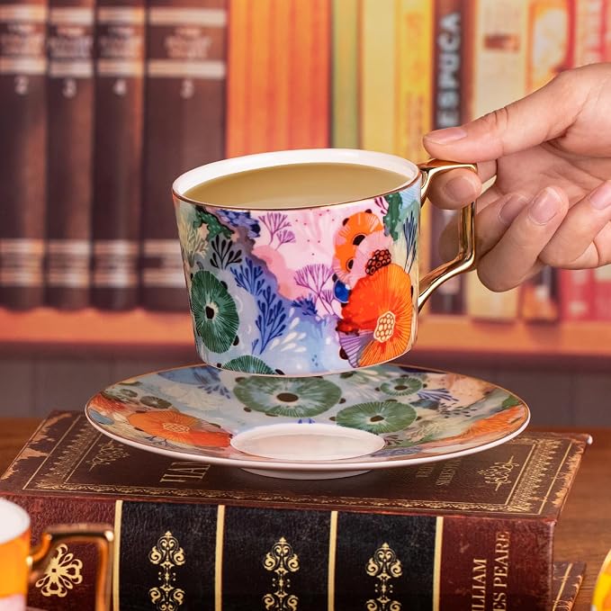 KAMMAK Tea Cups and Saucers Set of 2, Fine Bone China Coffee Cups, 8.5-Ounce Stackable Espresso Mugs, Ceramic Demitasse for Coffee, Cappuccino, Latte, Americano, Tea, Floating World