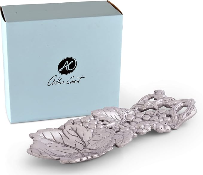 Arthur Court Grape Pattern Spoon Rest - Aluminum Metal Decorative - Holder for Kitchen, Spatula Ladle, Brush and Other Cooking Utensils 8.5 inch x 3.5 inch