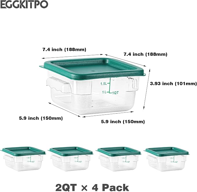 EGGKITPO 4 Pcs 2 QT Square Food Storage Containers with Green Lids Kitchen Container Set with Handle, Clear Scarle for Grain Bean Stackable Dishwasher Freezer Safe BPA-Free Polycarbonate Home Party