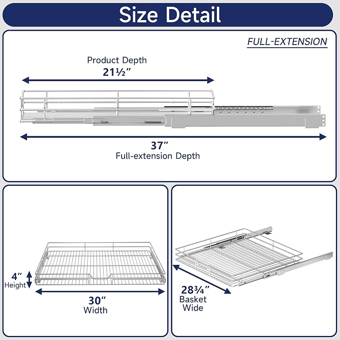 Pull Out Cabinet Organizer, 30" W x 21.5" D, Heavy Duty Chrome Slide Out Shelf for Wide Base Cabinets, Sliding Wire Basket Drawer for Pots, Pans, Appliances & Pantry Storage
