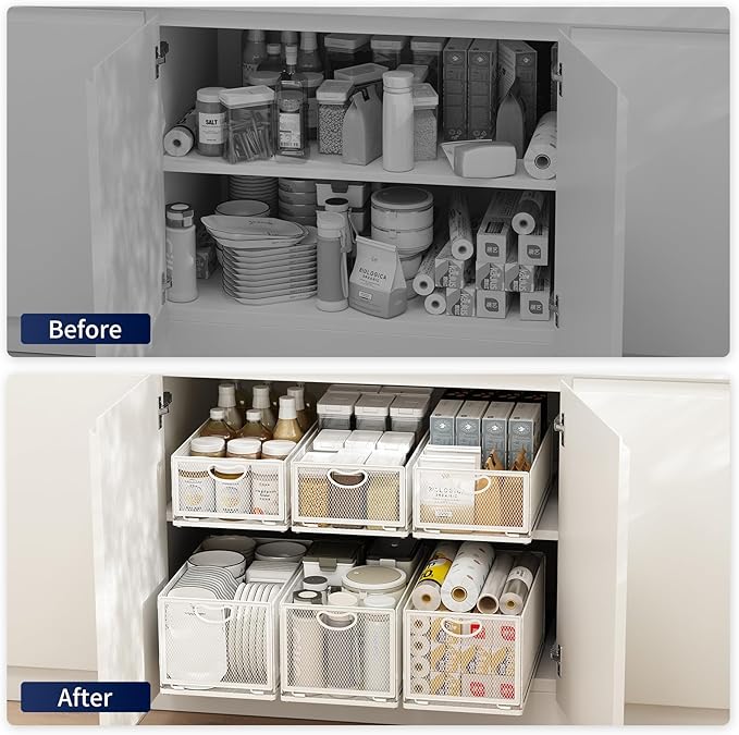 2 Pack Pull Out Cabinet Organizer, No Drill Adhesive Sliding Drawers for Kitchen, Metal Mesh Wire Storage Shelf for Pantry & Under Sink, White (9.6" W x 11.8" D x 3.9" H)