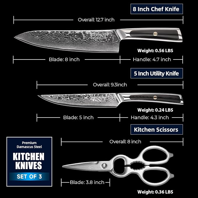 Sunnecko Kitchen Knife Set of 3, Chef Knife Set Damascus Steel Knives Set for Kitchen Sharp VG10 Corn, Full Tang with Gift Box
