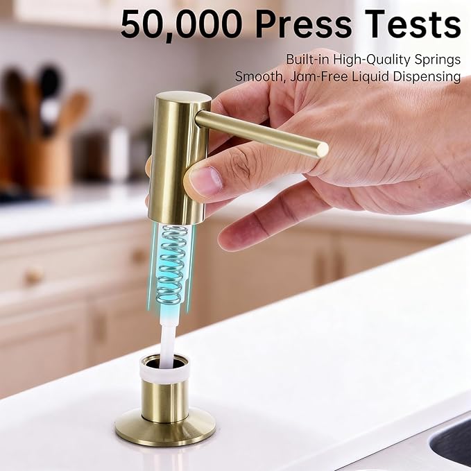 Avola Brushed Gold Sink Soap Dispenser, Solid Brass Pump Head Liquid Lotion Countertop Kitchen Bathroom Soap Dispenser with 17 OZ PET Large Bottle