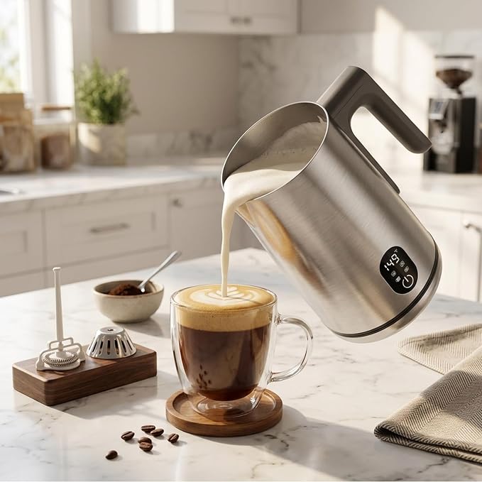 Milk Frother Electric, 4-in-1 Milk Frother and Steamer for Latte, Cappuccino, Hot & Cold Milk Froth Maker, Automatic Milk Steamer and Frother, Quiet One-Touch Operation, Easy to Clean,Brushed Silver