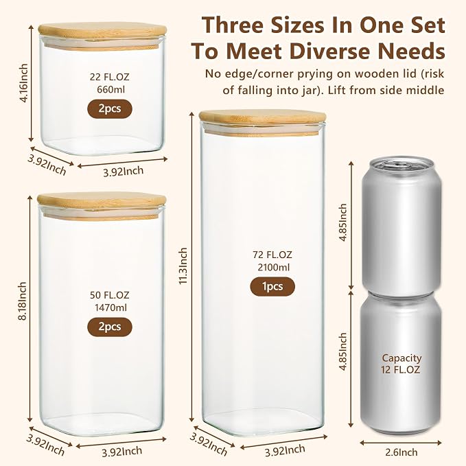 KEYWING Glass Food Storage Containers with Lids Set of 5, Multi Size Square Glass Canister Food Jar, Kitchen Pantry Storage Container for Spaghetti, Pasta, Flour, Sugar, Cereal, Coffee Beans, Spices