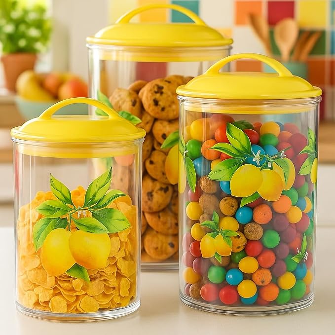 Food Storage Containers, BPA Free Airtight Canisters for Cereal, Pasta, Sugar, Coffee, Flour, Cookies, Loose Tea, for Kitchen Organization, Set of 3 by Reston Lloyd, Fresh Lemons