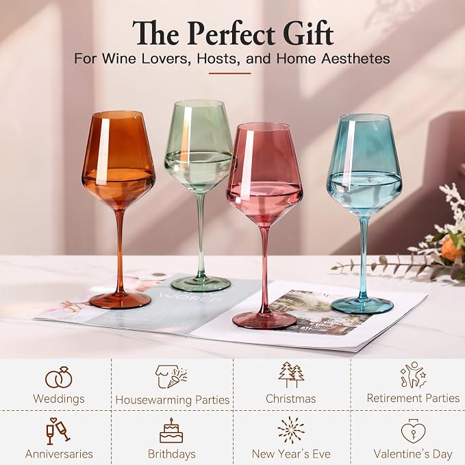 Colored Wine Glasses Set of 6, Handblown Colored Wine Glasse,Coloful Glassware,17OZ for Red or White Wine,Wedding Gift, Anniversary, Christmas, Birthday Wine Glass,Mothers Day Gifts,Gifts for My Wife